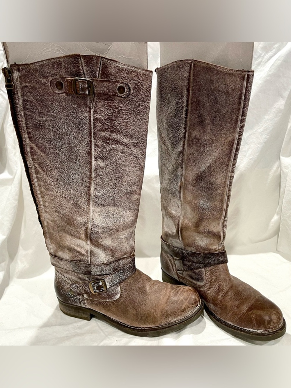Eric Michael Fur-Lined Brown Purposely Distressed Leather Knee-High Boots | EUC